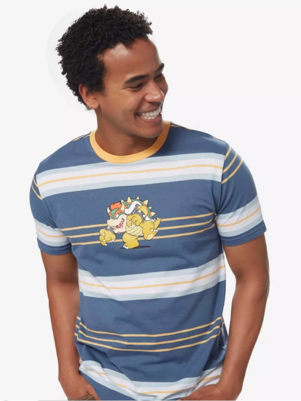 Box Lunch Navy Blue Striped Bowser Graphic Crewneck T-Shirt
